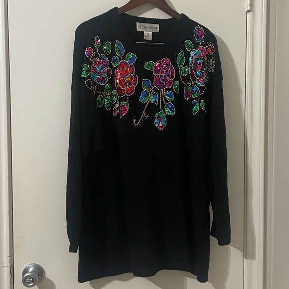 Vintage 80s/90s Victoria Woman Oversized Floral Sequin Sweater Size 2X - Picture 2 of 5